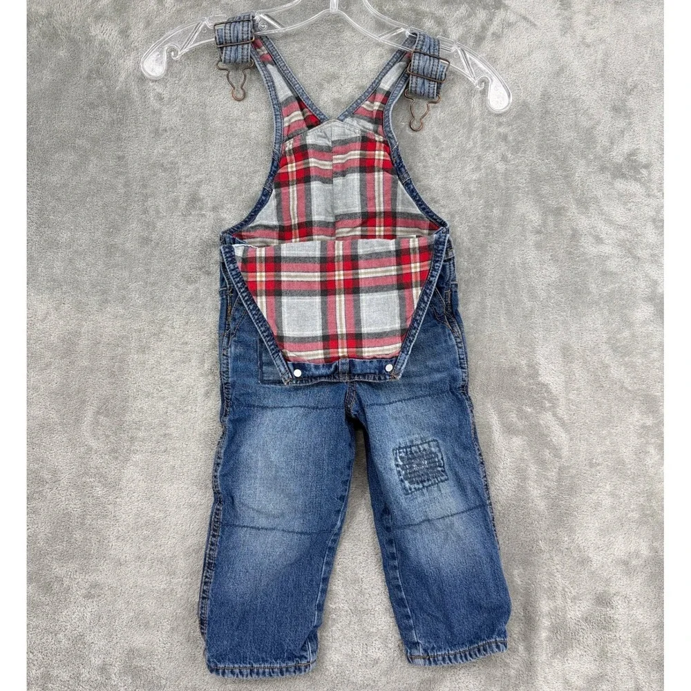 Vintage OshKosh Overalls Toddler Size 2T Flannel Lined Patchwork Denim Logo Blue